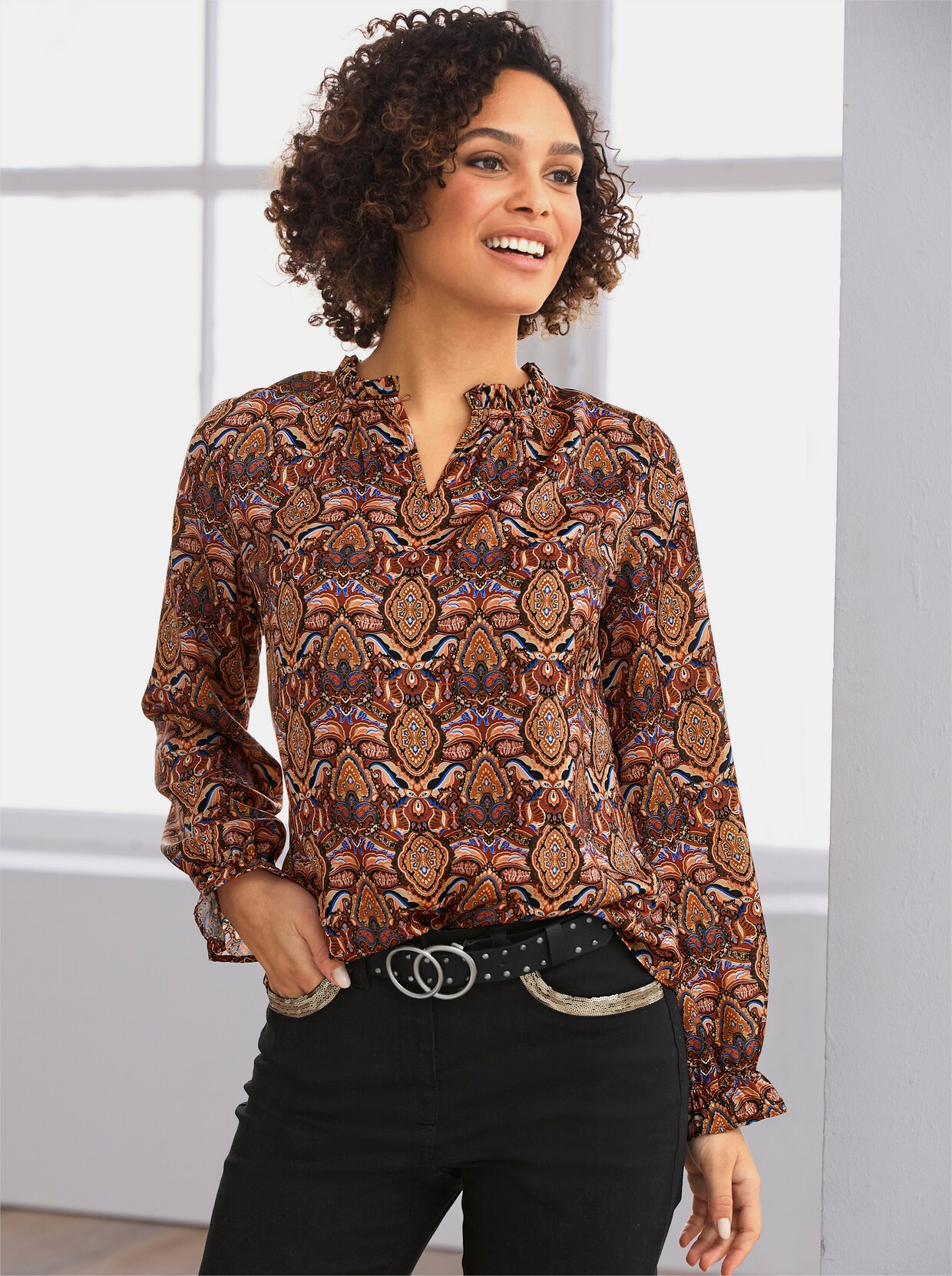 heine Druckbluse - schwarz-mandarine-bedruckt