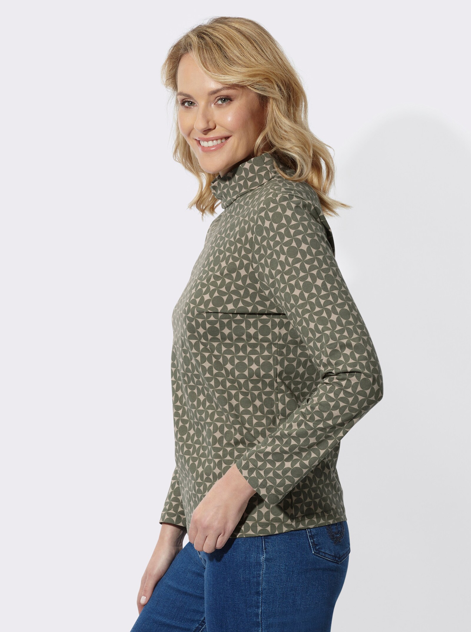  Stehkragenshirt mit Minimalmuster - khaki-beige-bedruckt