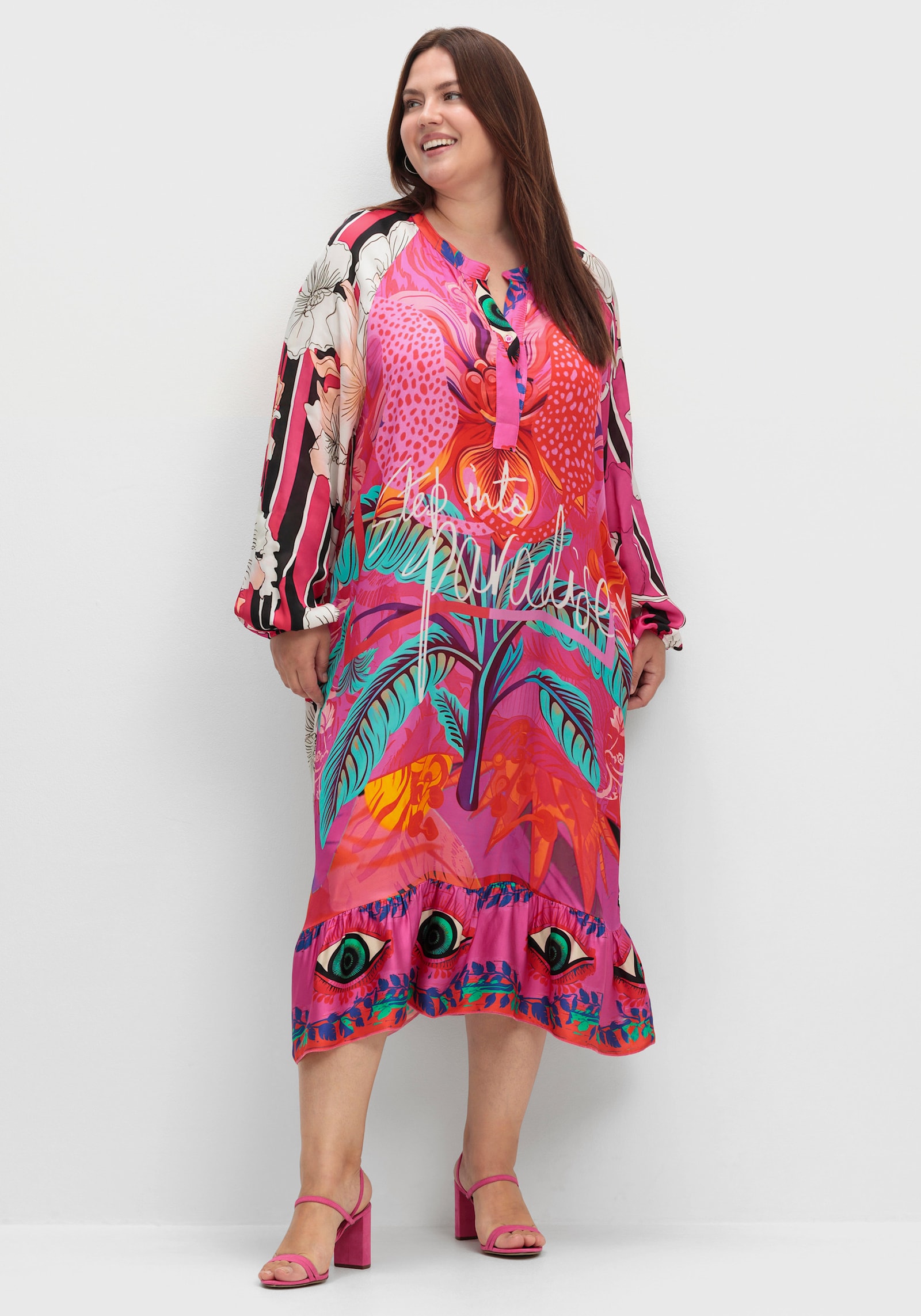 sheego loves miss goodlife Druckkleid im Mustermix, mit Volant am Saum - pink gemustert