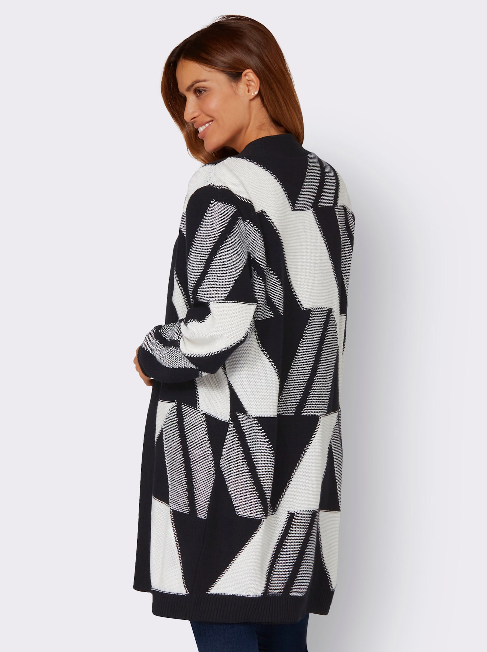 Strickmantel mit Jacquard-Muster, grafisch - schwarz-weiß-gemustert