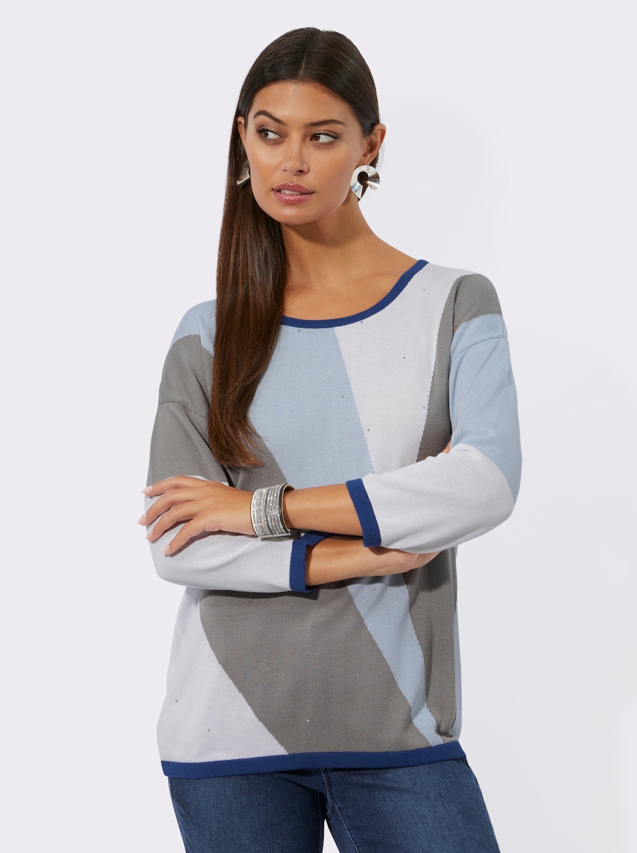 Jacquard-Pullover - hellblau-ecru-gemustert