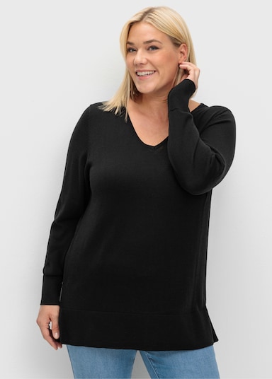 sheego Strickpullover mit V-Ausschnitt - schwarz