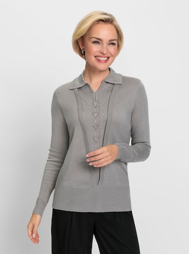 Langarm-Pullover mit Glitzersteinchen vorne - steingrau