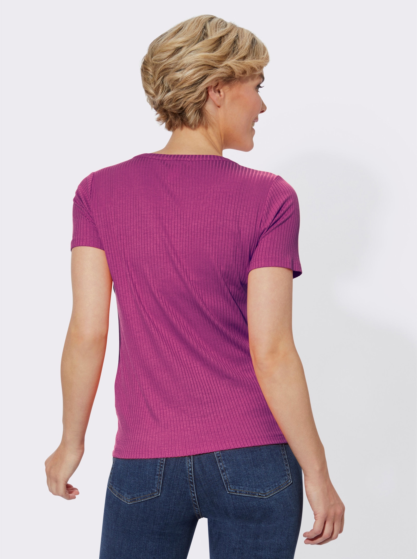 Kurzarmshirt in elastischer Ripp-Qualität - magenta