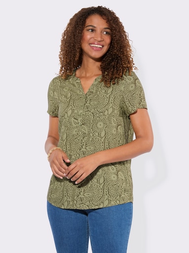 Schlupfbluse aus reiner Viskose - schilf-khaki-bedruckt
