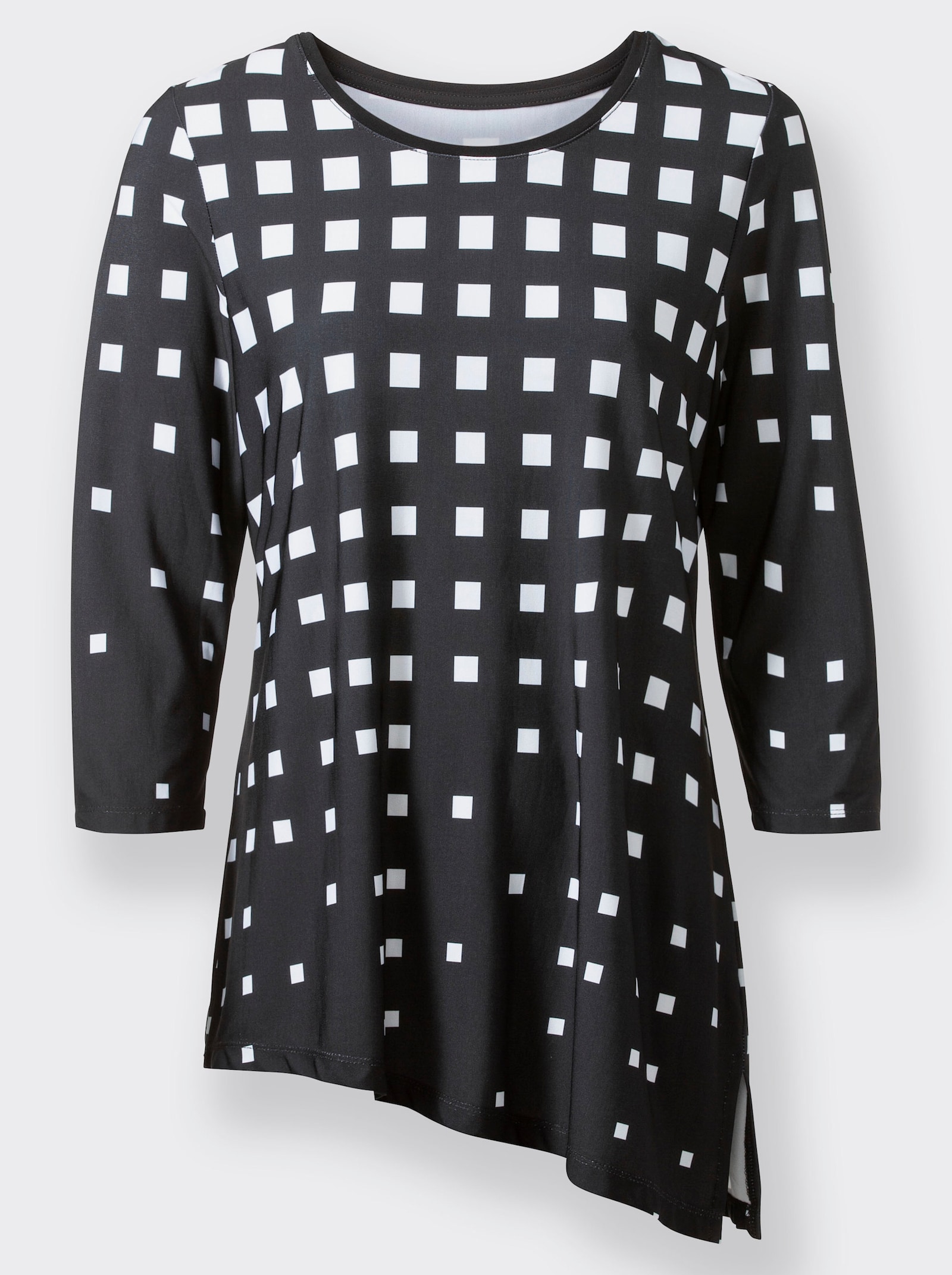 3/4-Arm-Shirt mit asymmetrischem Saum - schwarz-weiß-bedruckt
