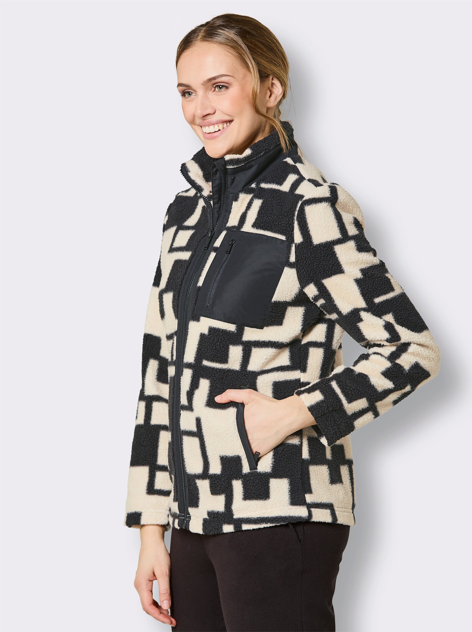 Catamaran Sports Teddy-Jacke mit 3 Reißverschluss-Taschen - schwarz-champagner-gemustert