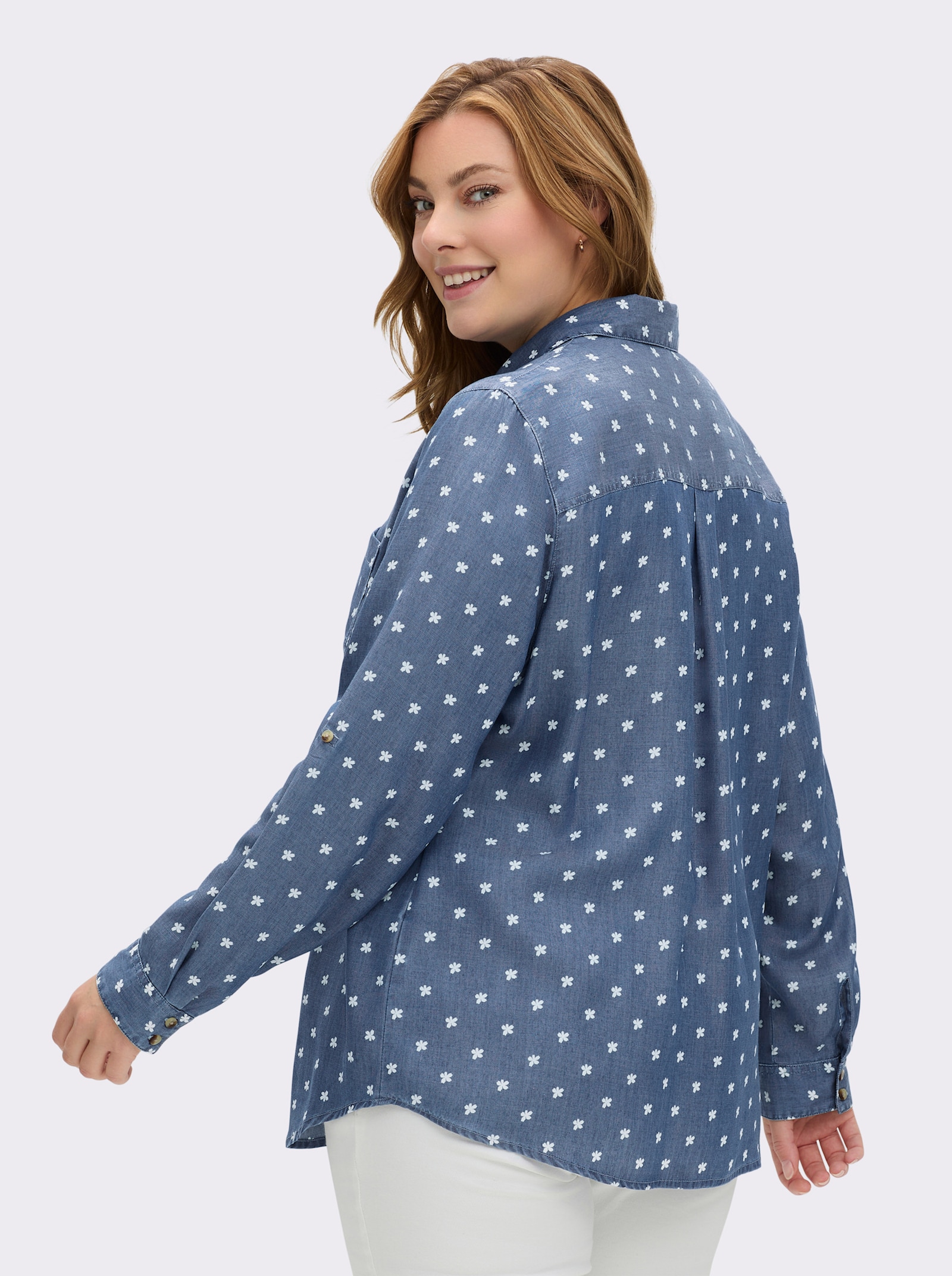 Hemdbluse mit krempelbaren Ärmeln - blue-bleached-bedruckt