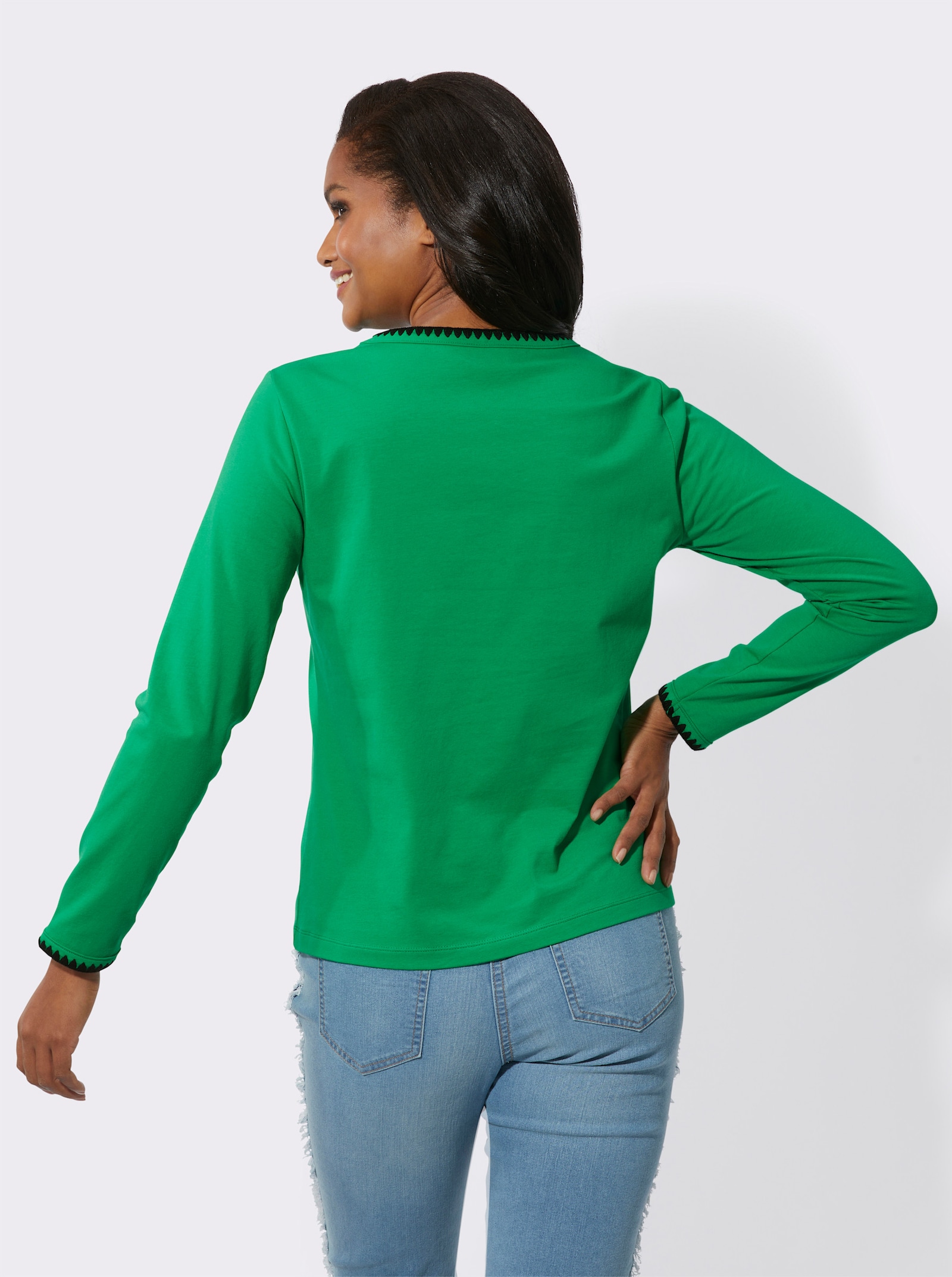 Rundhalsshirt mit Kontrast-Stickerei - grasgrün