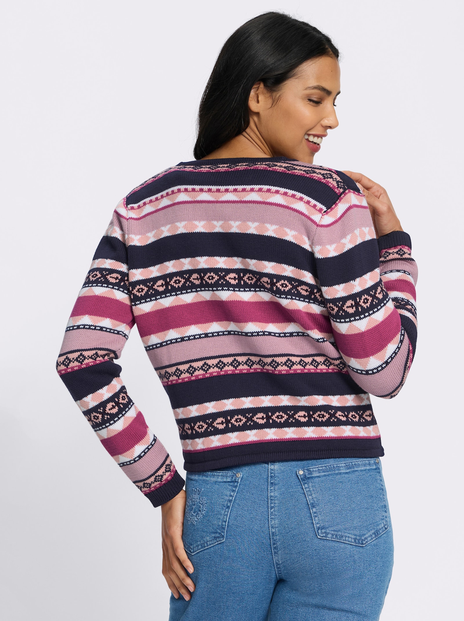 Jacquardstrickjacke im kurzer, offener Form - marine-erika-gemustert