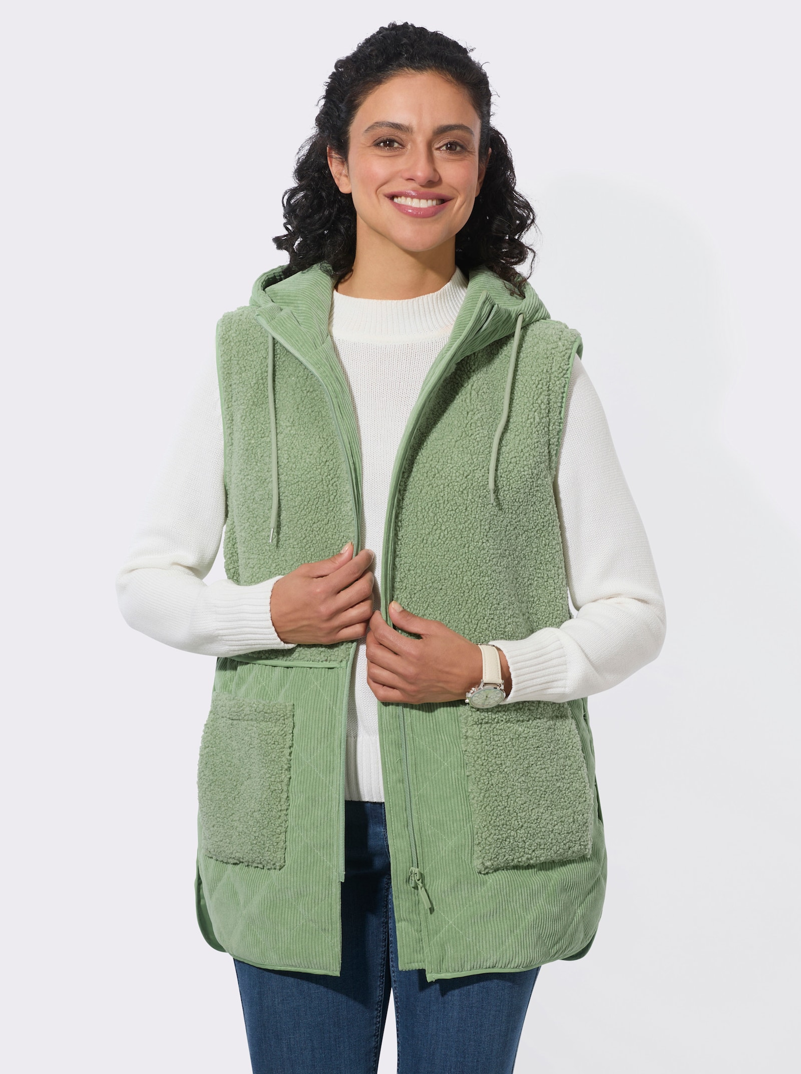  2-in-1-Jacke aus Teddyfleece und Cord - eucalyptus