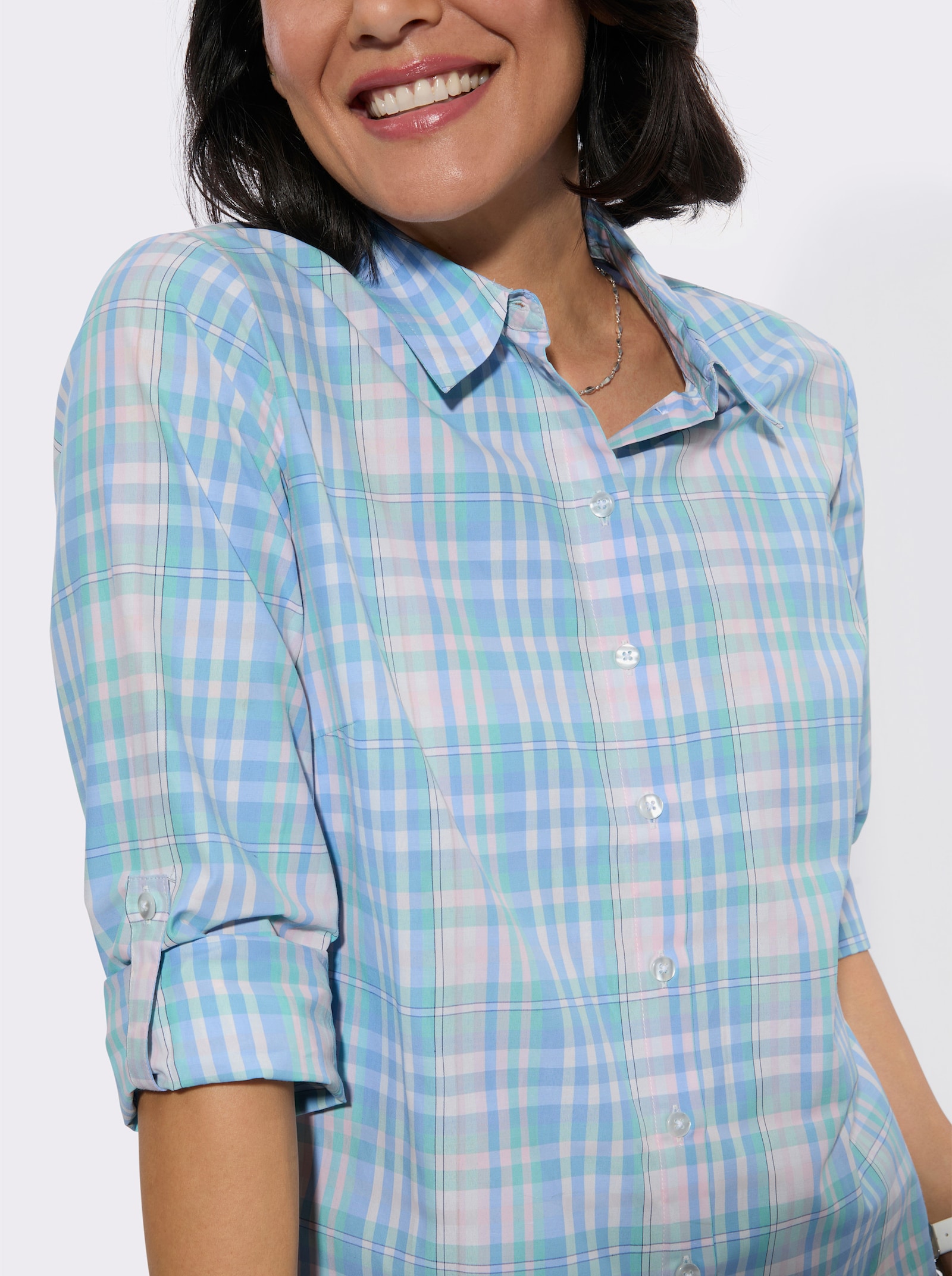 Karobluse mit Hemdkragen - hellrosé-eisblau-kariert