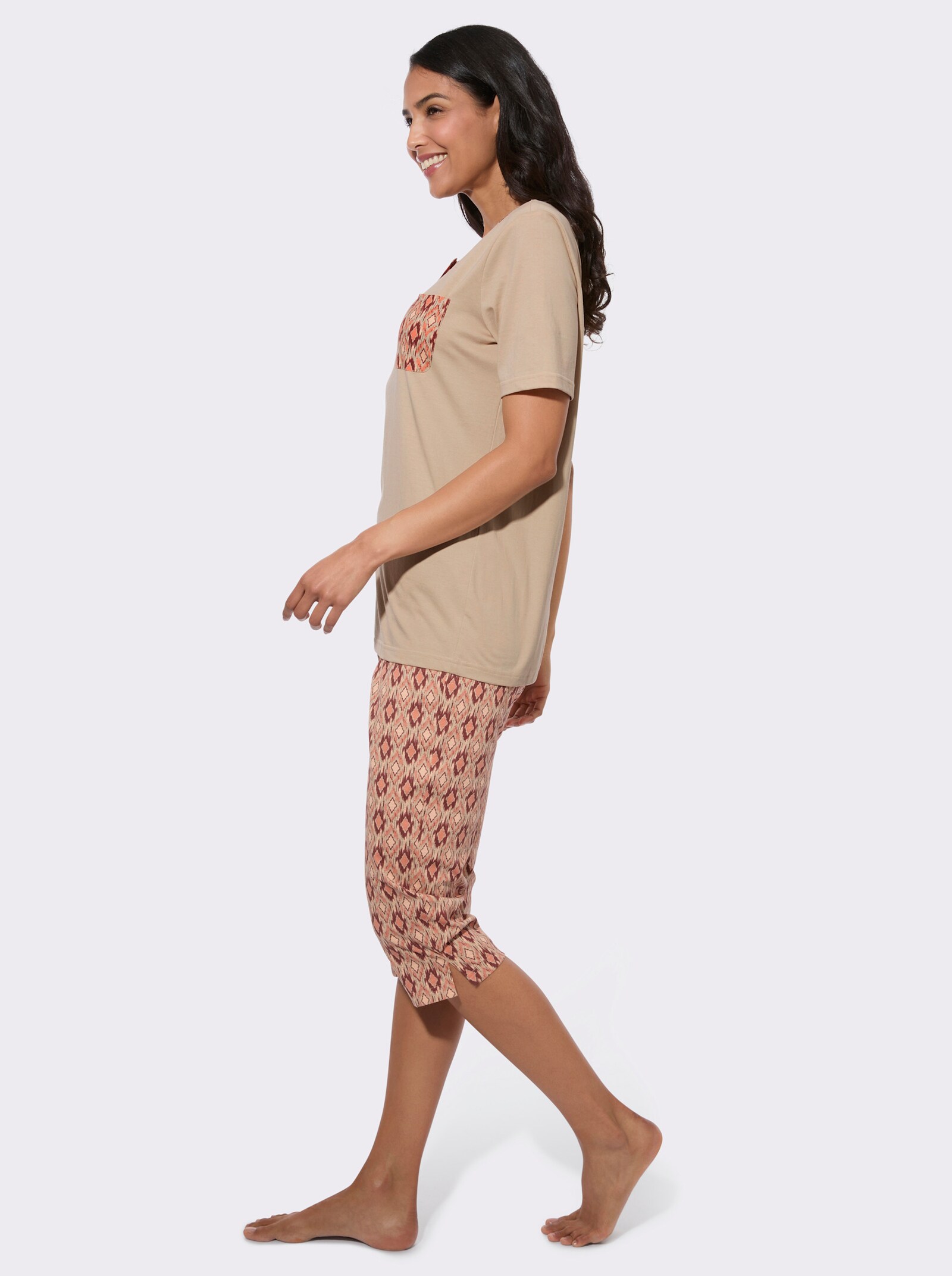 Capri-Schlafanzug mit Brusttasche - beige-papaya-bedruckt