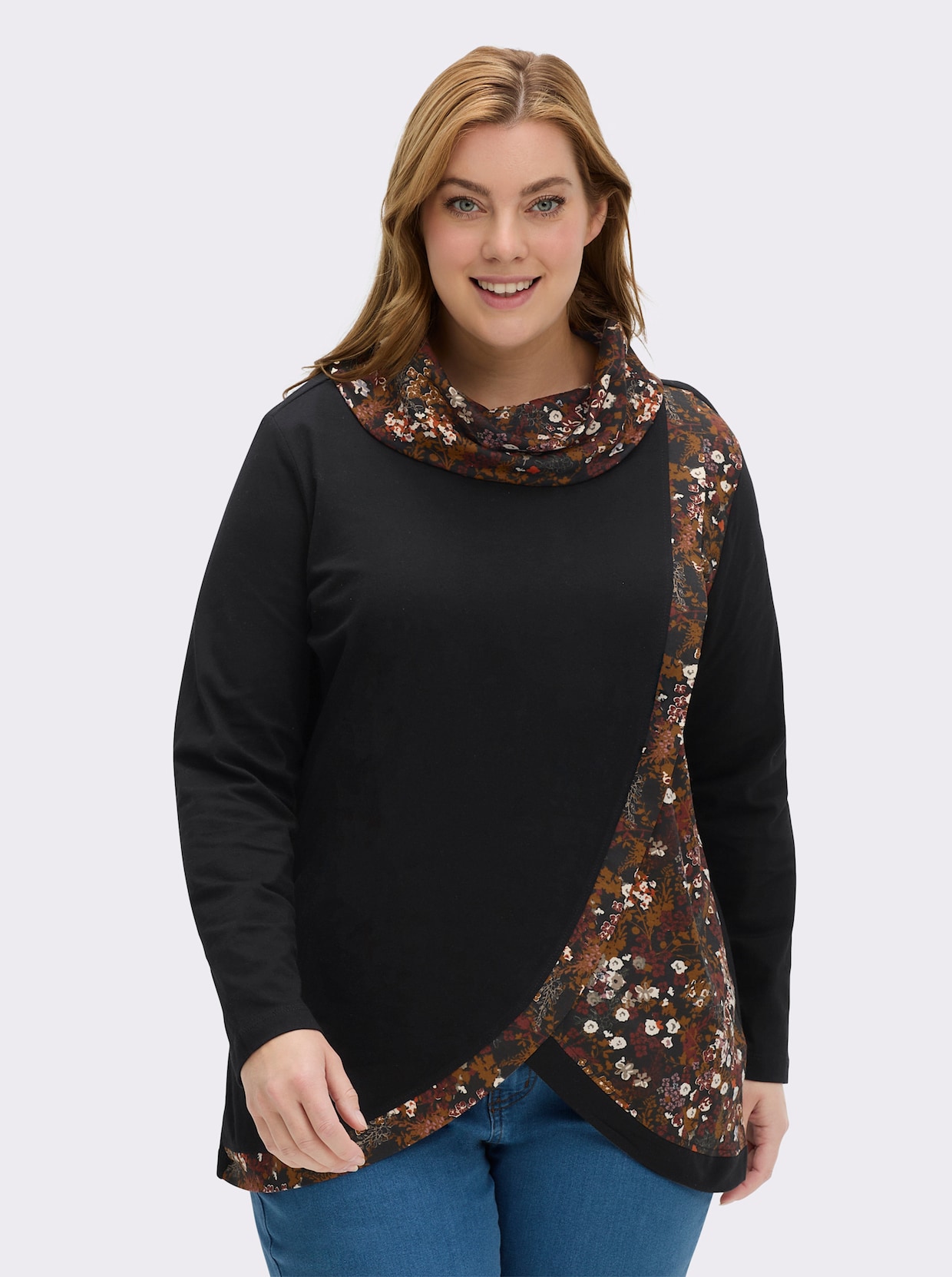 Longshirt in überlappender Optik - schwarz-bedruckt