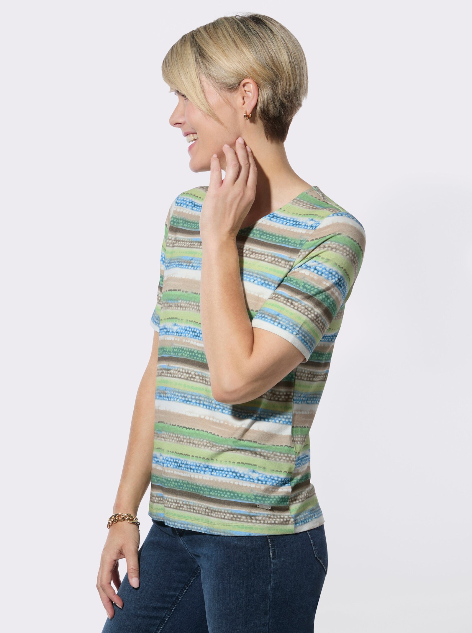 Rundhalsshirt - pistazie-beige-bedruckt