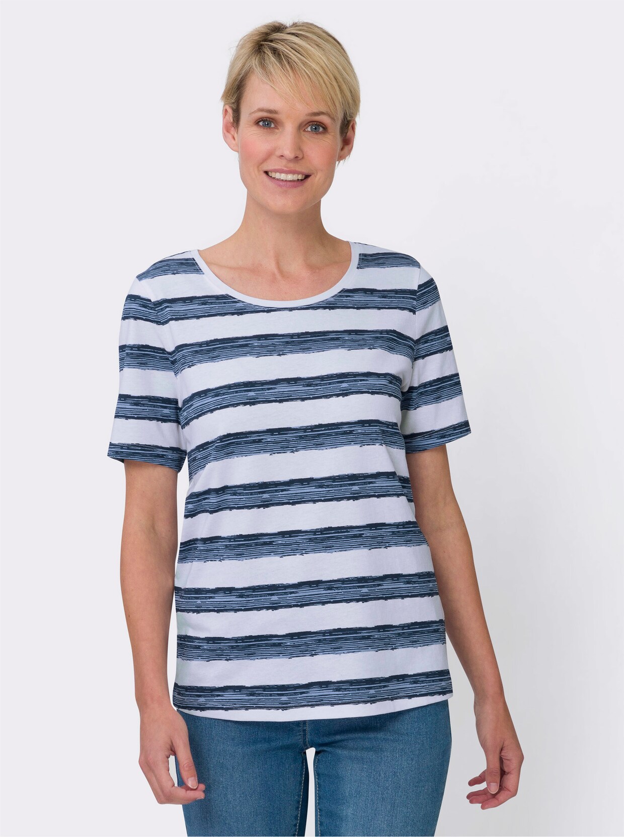 Shirt met ronde hals - wit/donkerblauw bedrukt