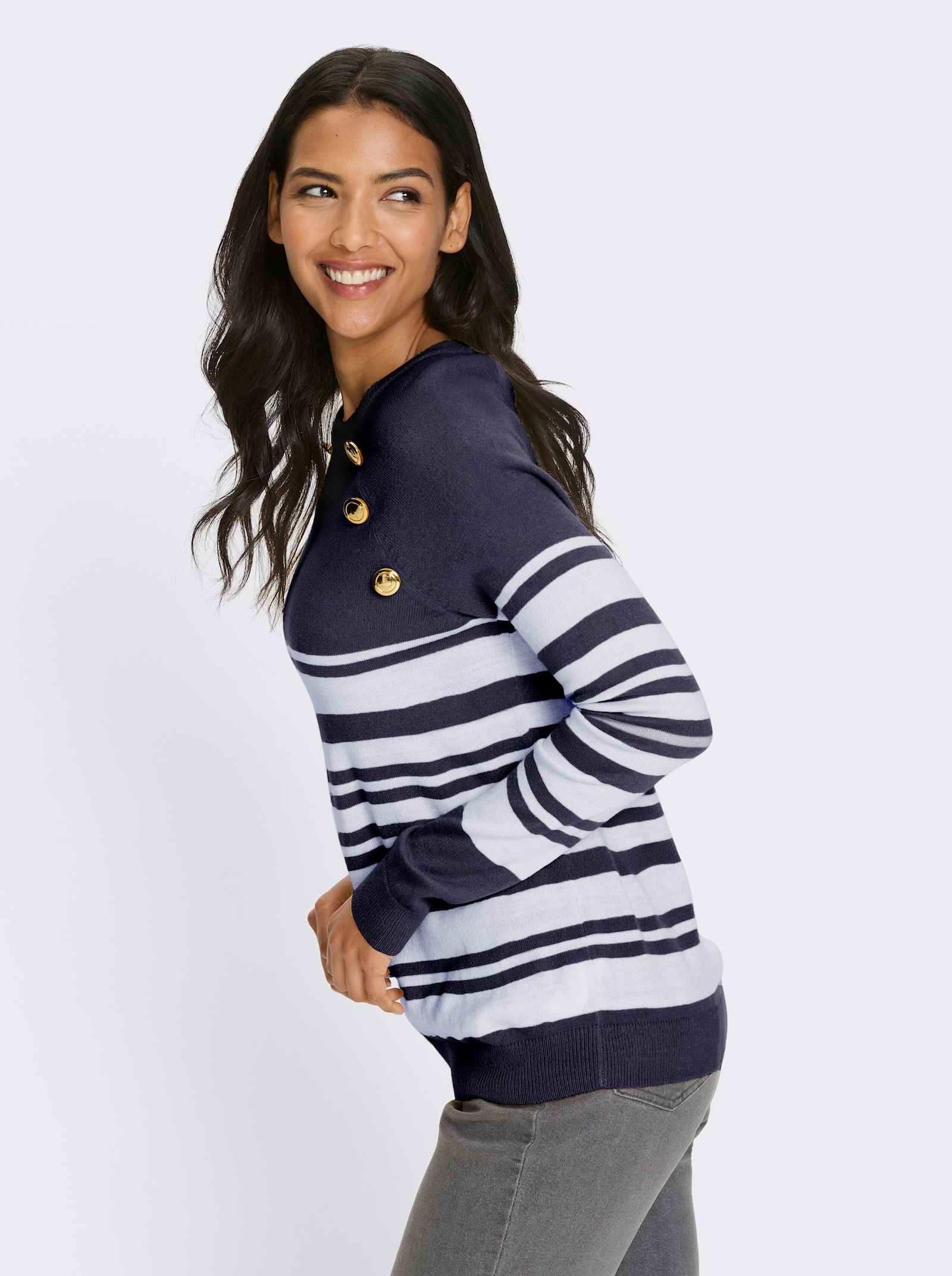Langarm-Pullover mit goldfarbenen Knöpfen - marine-weiss-geringelt