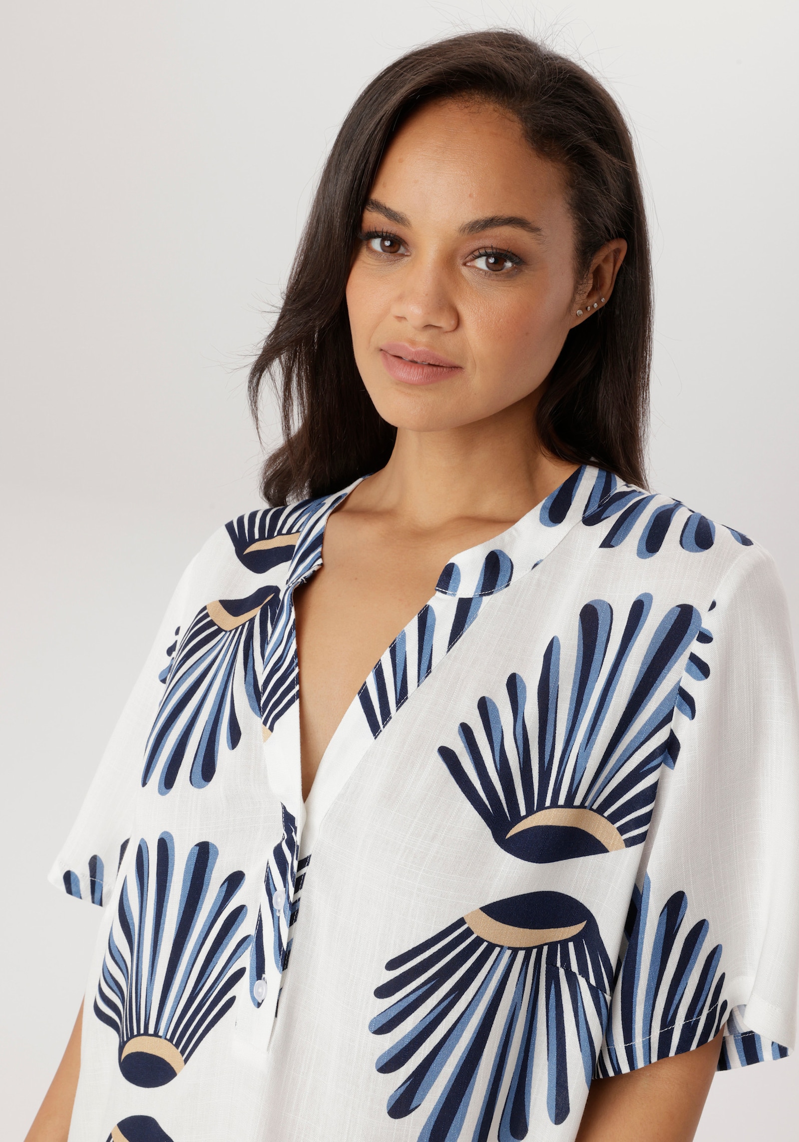 Aniston PLUS Blusenkleid - weiß-marine-blau-beige