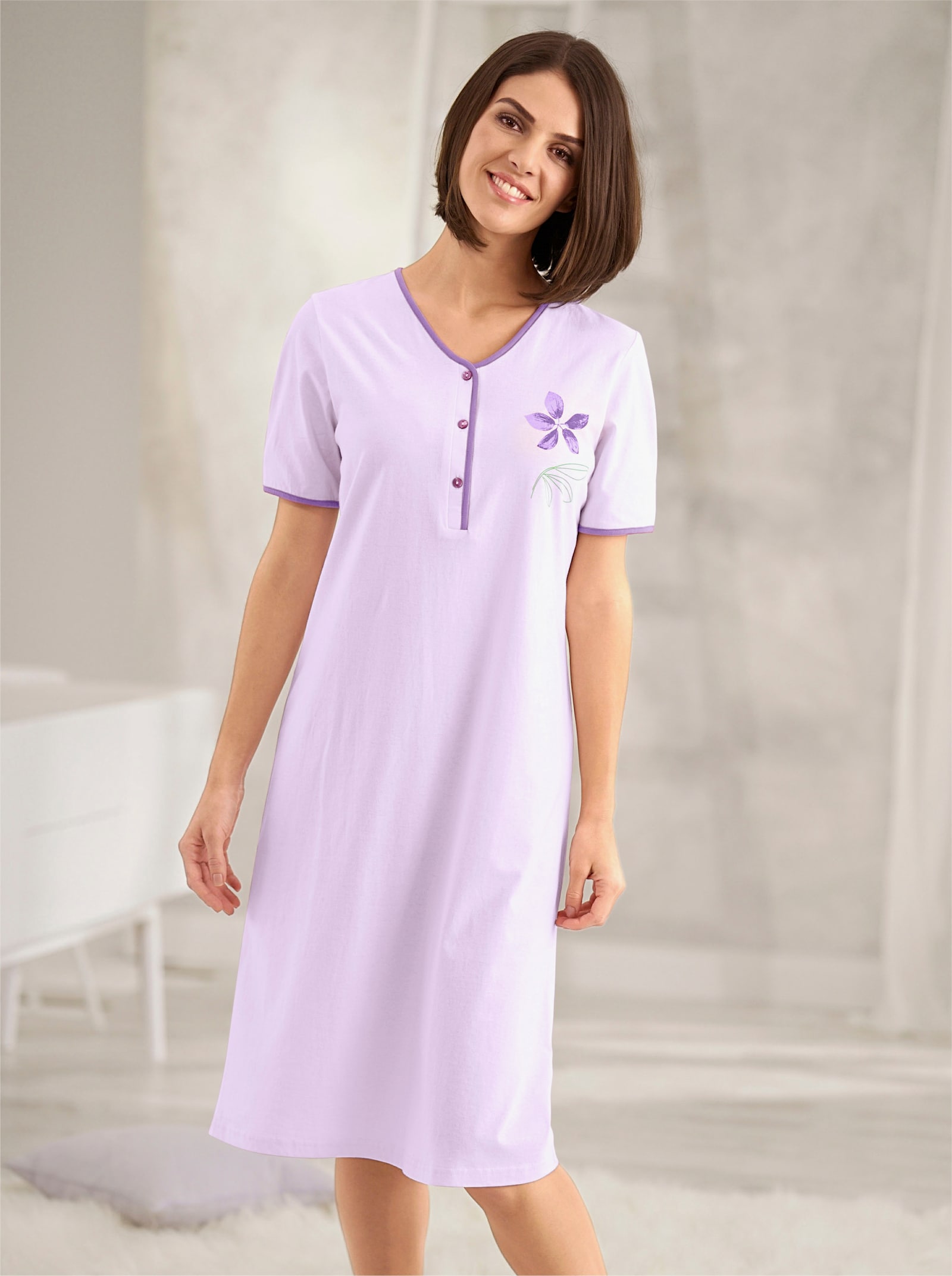 Ascafa Kortärmade nattlinnen i dubbelpack, enkelstickad trikå - lila + lila tryck