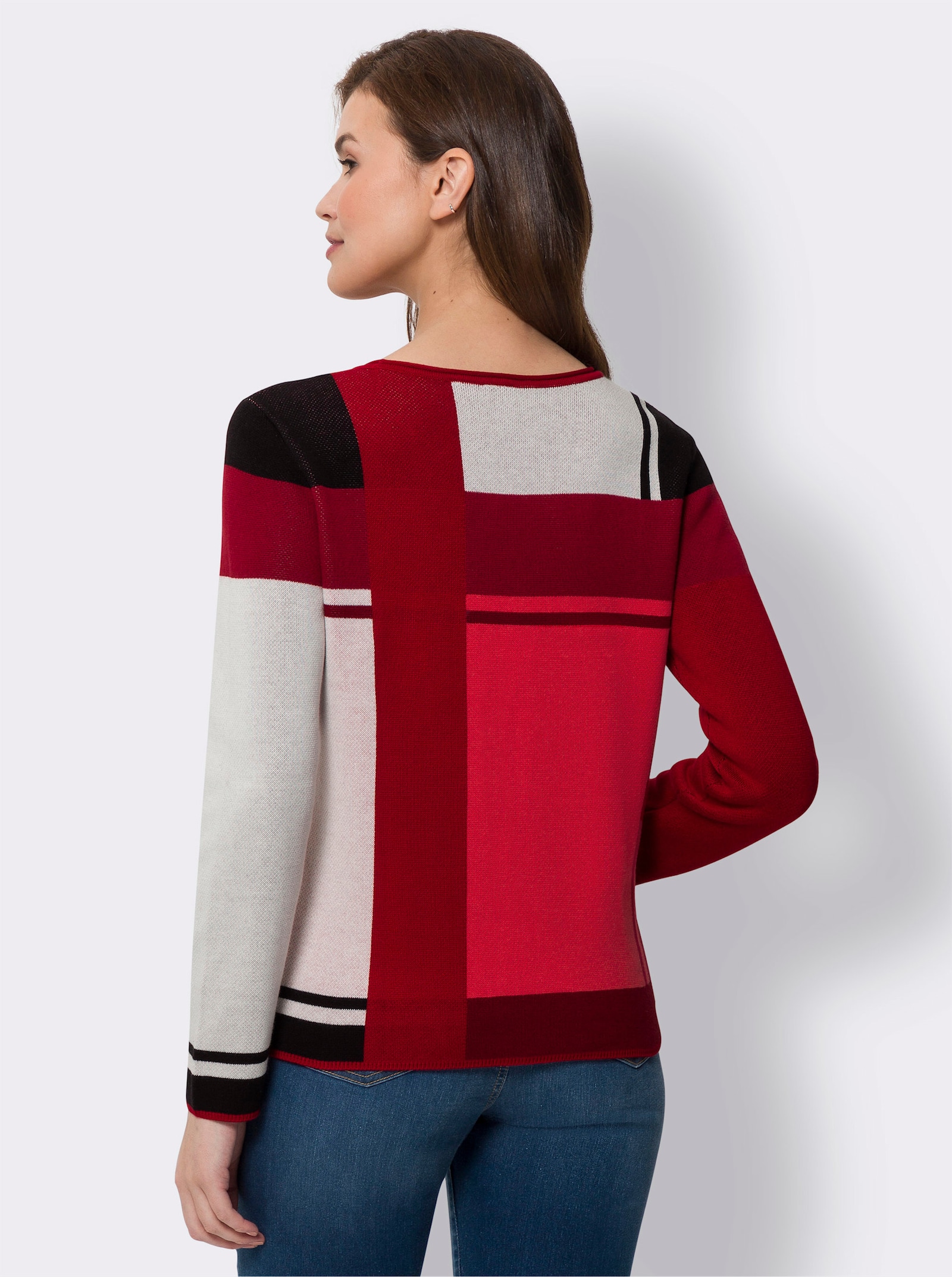 heine Jacquardpullover im Colour-Blocking - rot-schwarz-gemustert