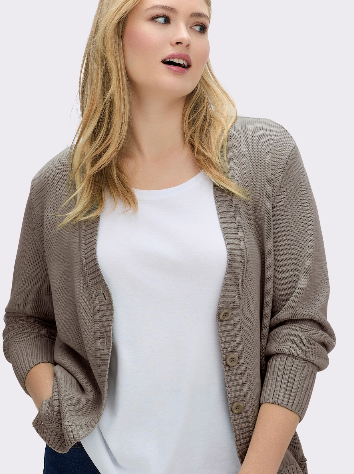 Strickjacke mit farblich abgestimmten Knöpfen - taupe-meliert