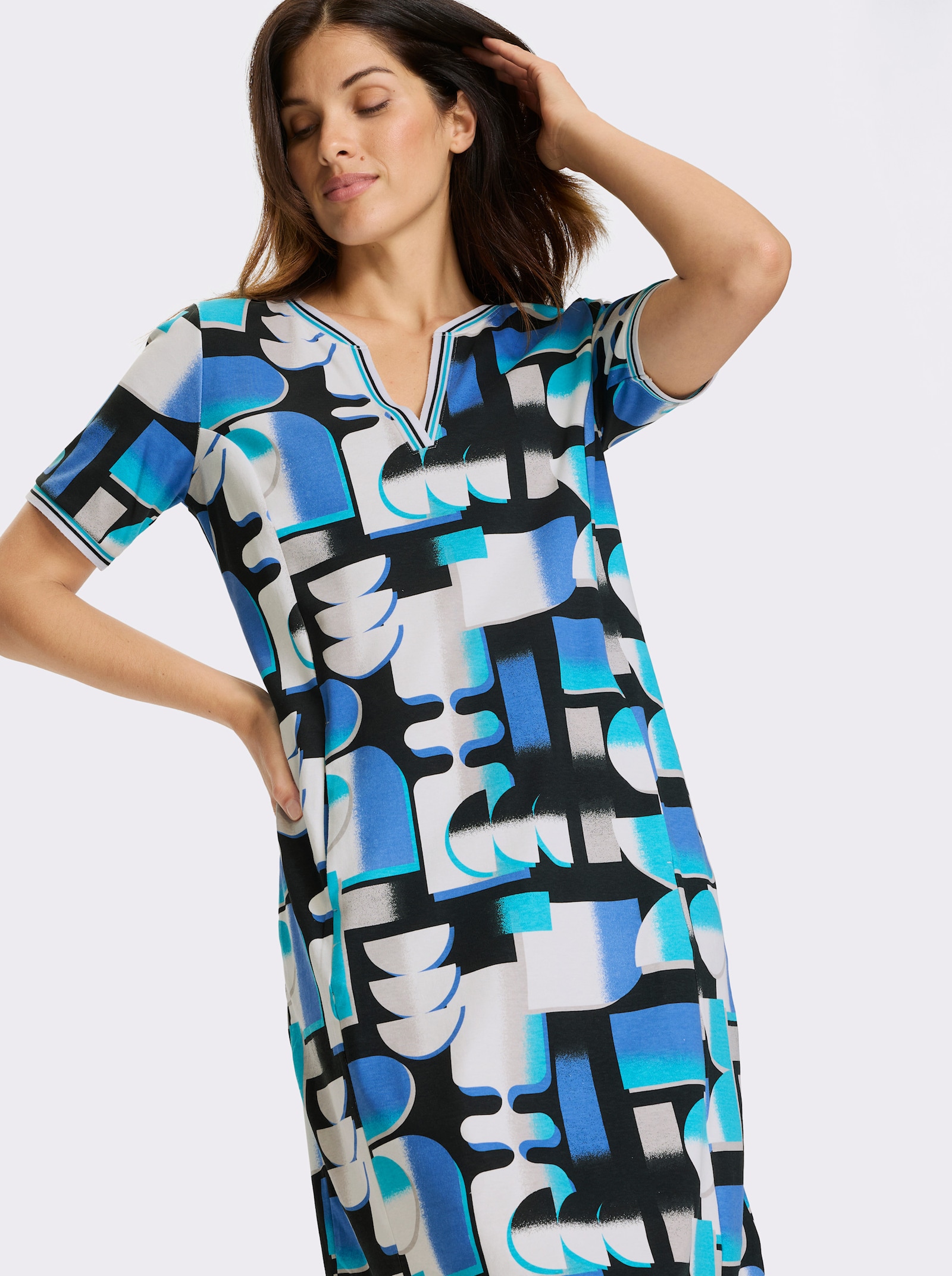 Sweatkleid in Interlock-Qualität - türkis-schwarz-bedruckt