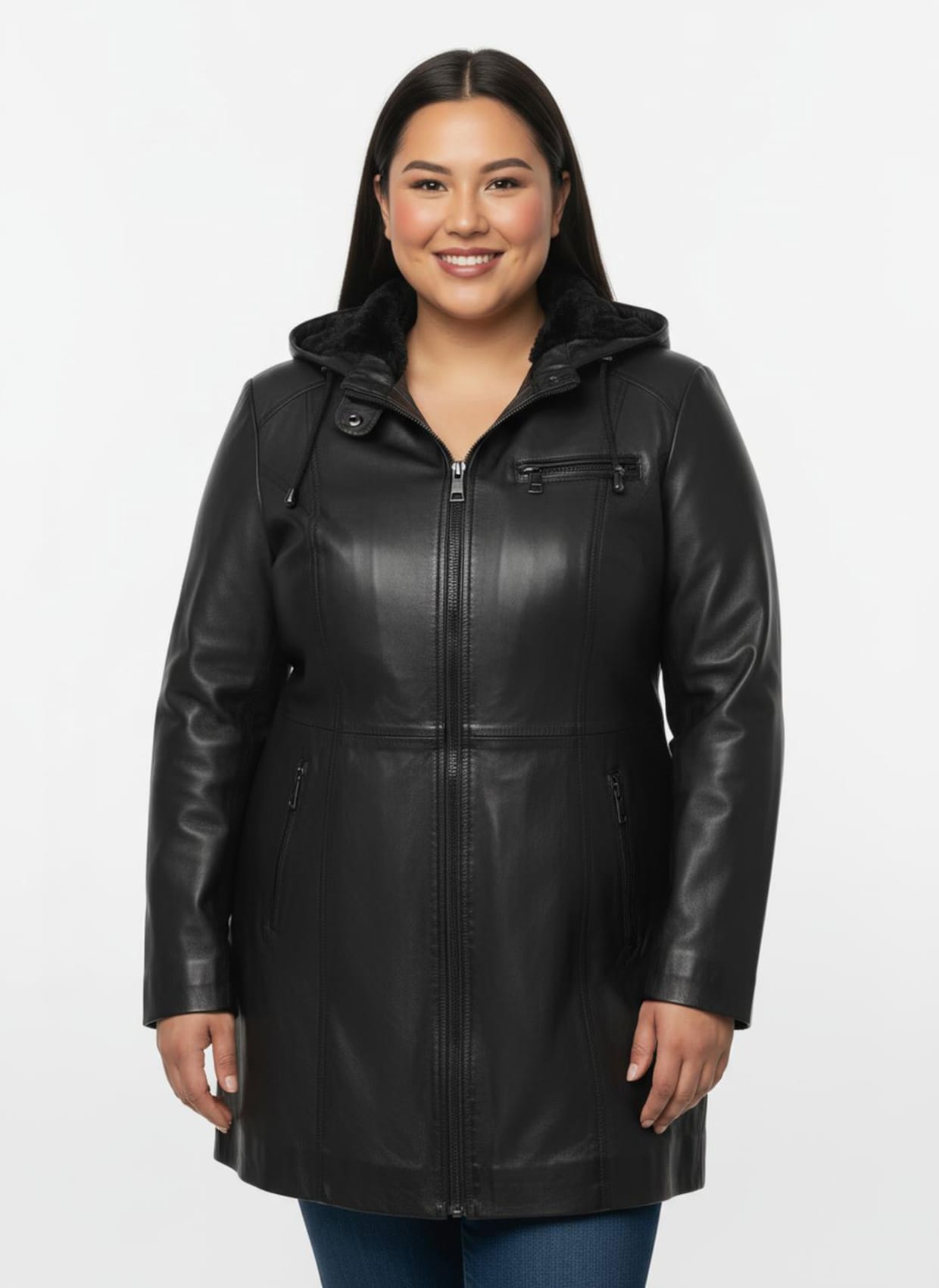 Lederjacke mit abnehmbarer Kapuze - schwarz