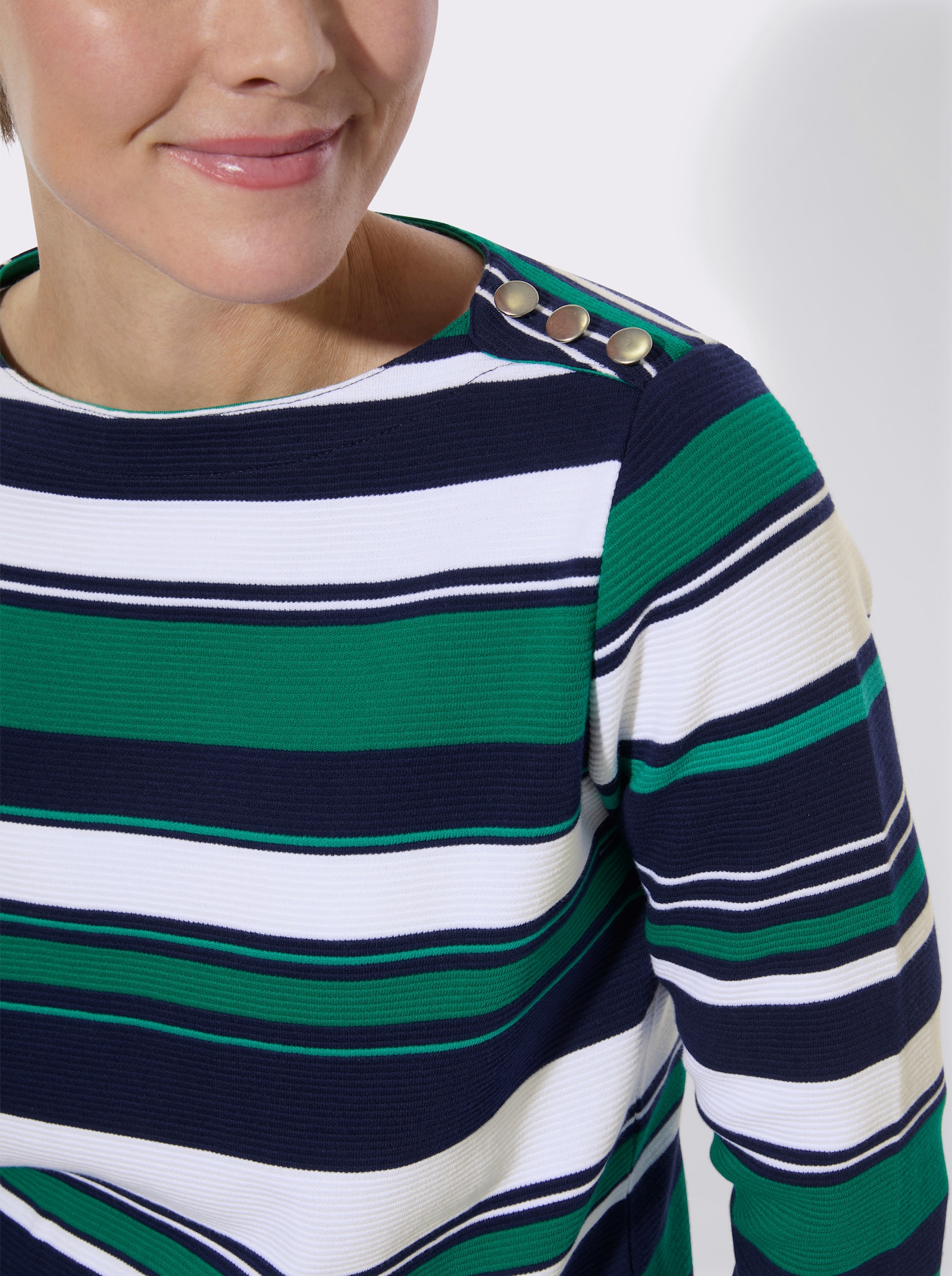 Ringelshirt mit Zierknöpfen an den Schultern - marine-grün-geringelt