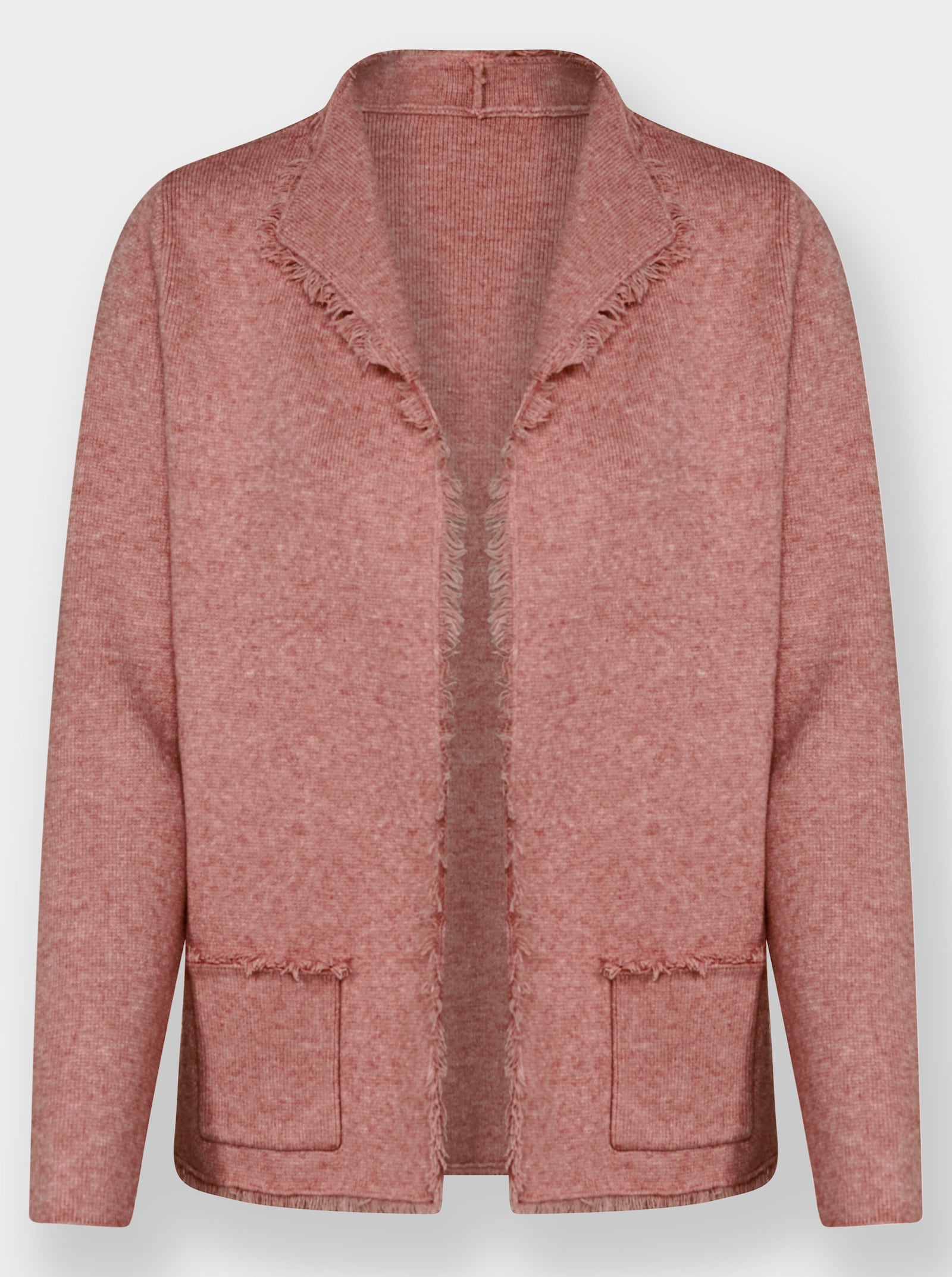 Pletený kabátek s ozdobnými třásněmi - růžové dřevo-melír