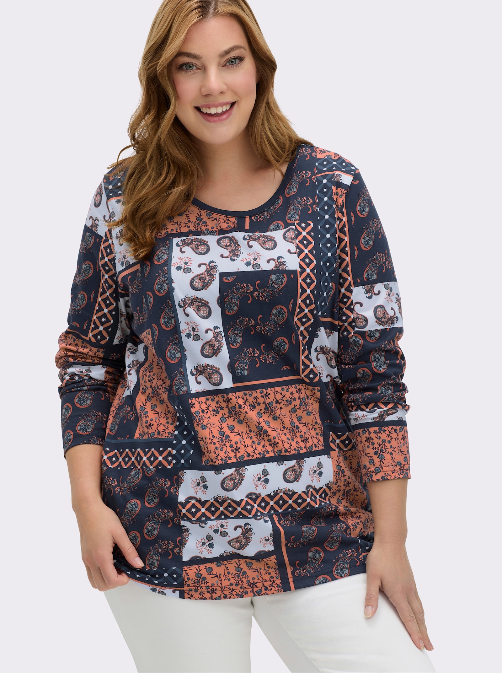 Langarmshirt im Patchwork-Dessin - rostrot-bedruckt