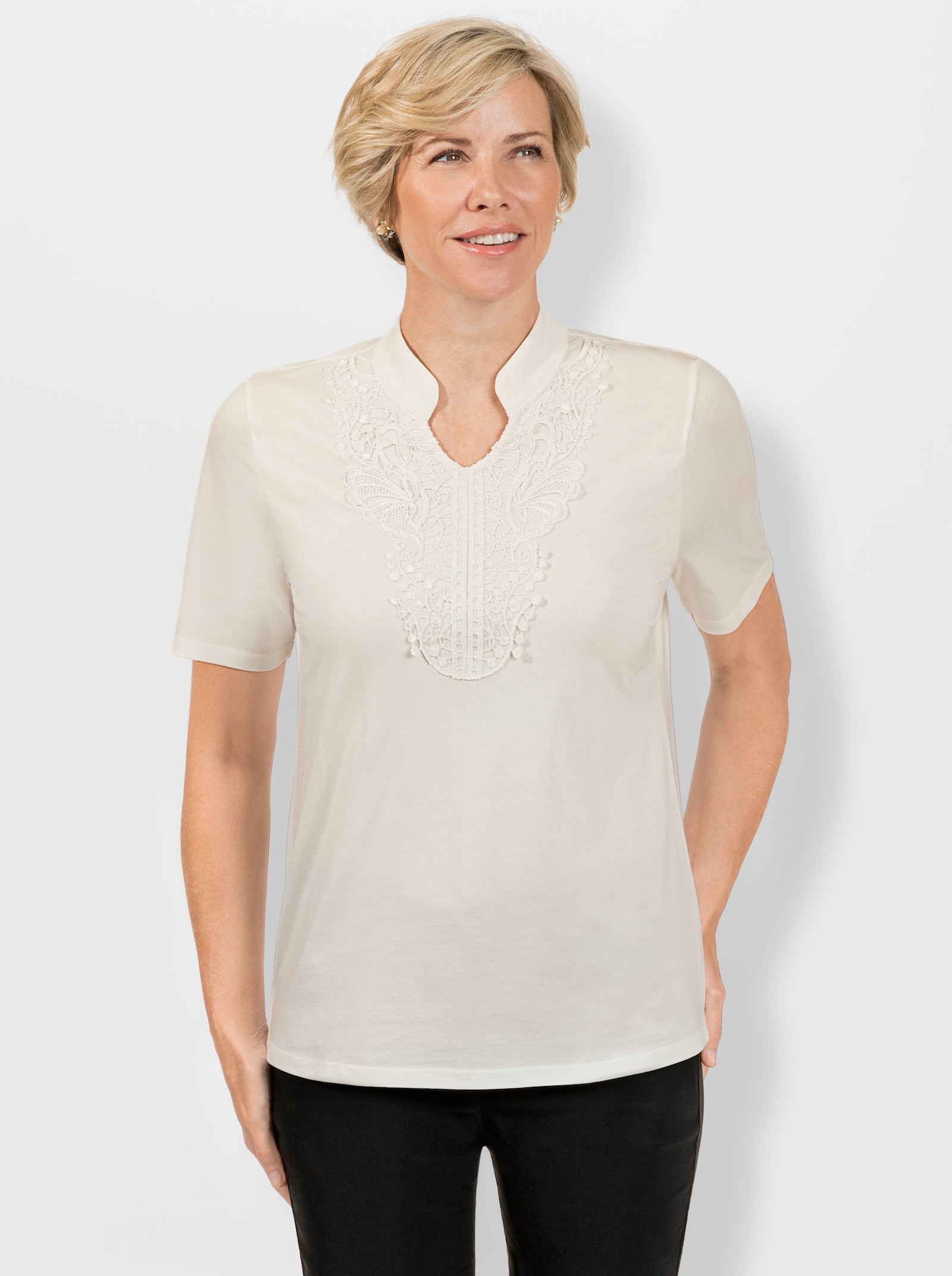 Shirt met opstaande kraag en sierkant - ecru