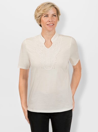 Stehkragenshirt mit Spitzen-Verzierung - ecru