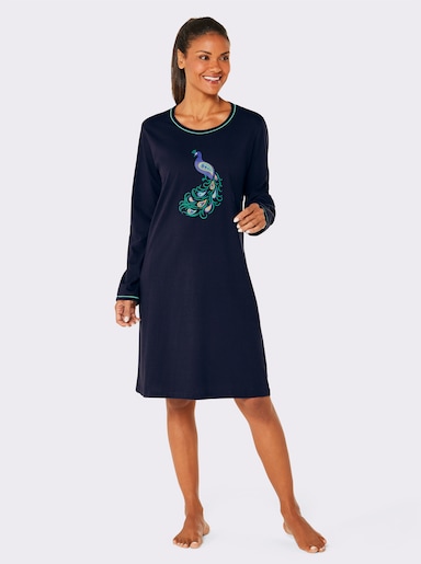 Comtessa Sleepshirts mit Pfau-Motiv - marine-blaugrün-bedruckt