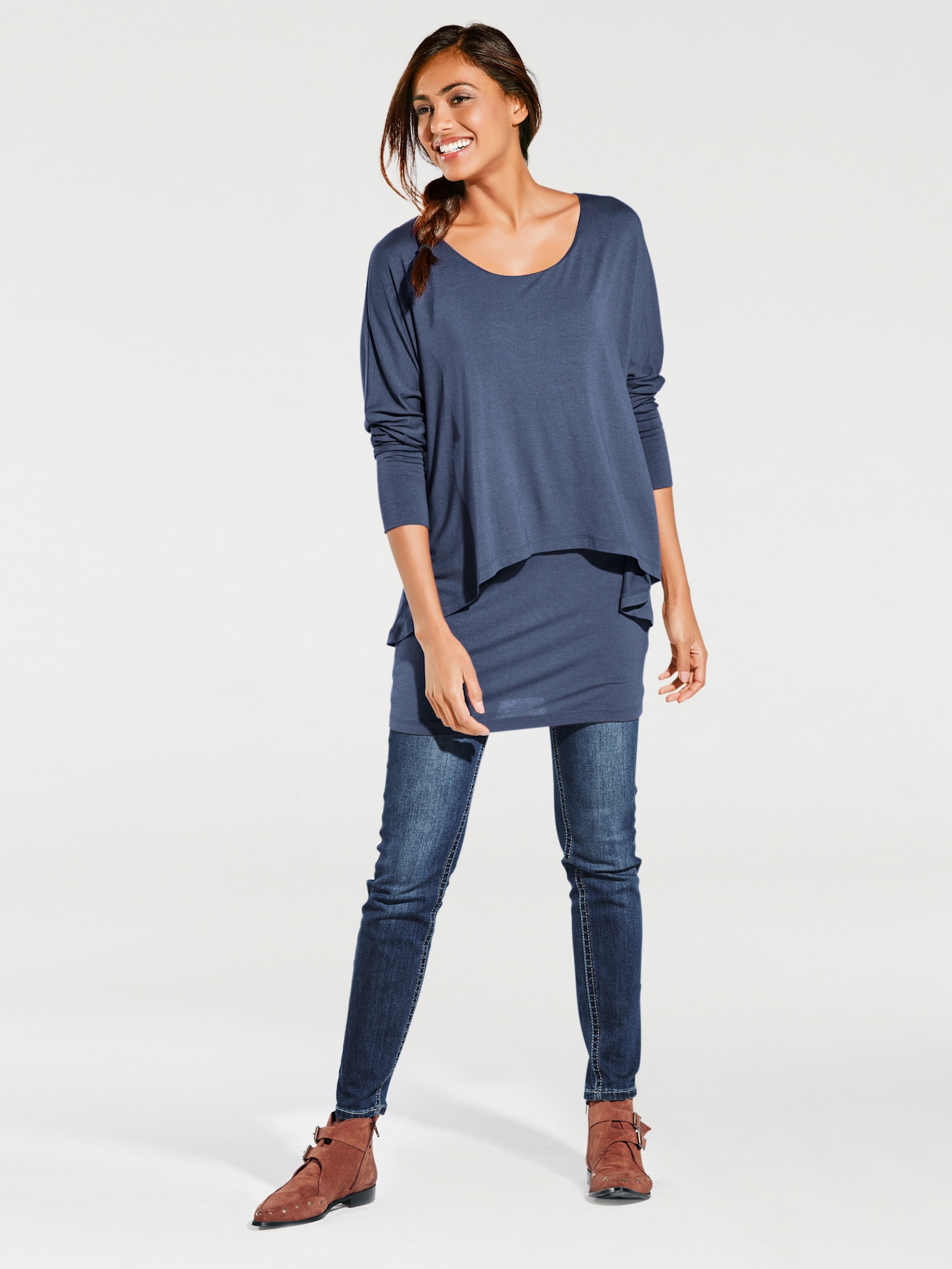 heine Rundhalsshirt mit Fledermaus-Ärmeln - jeansblau