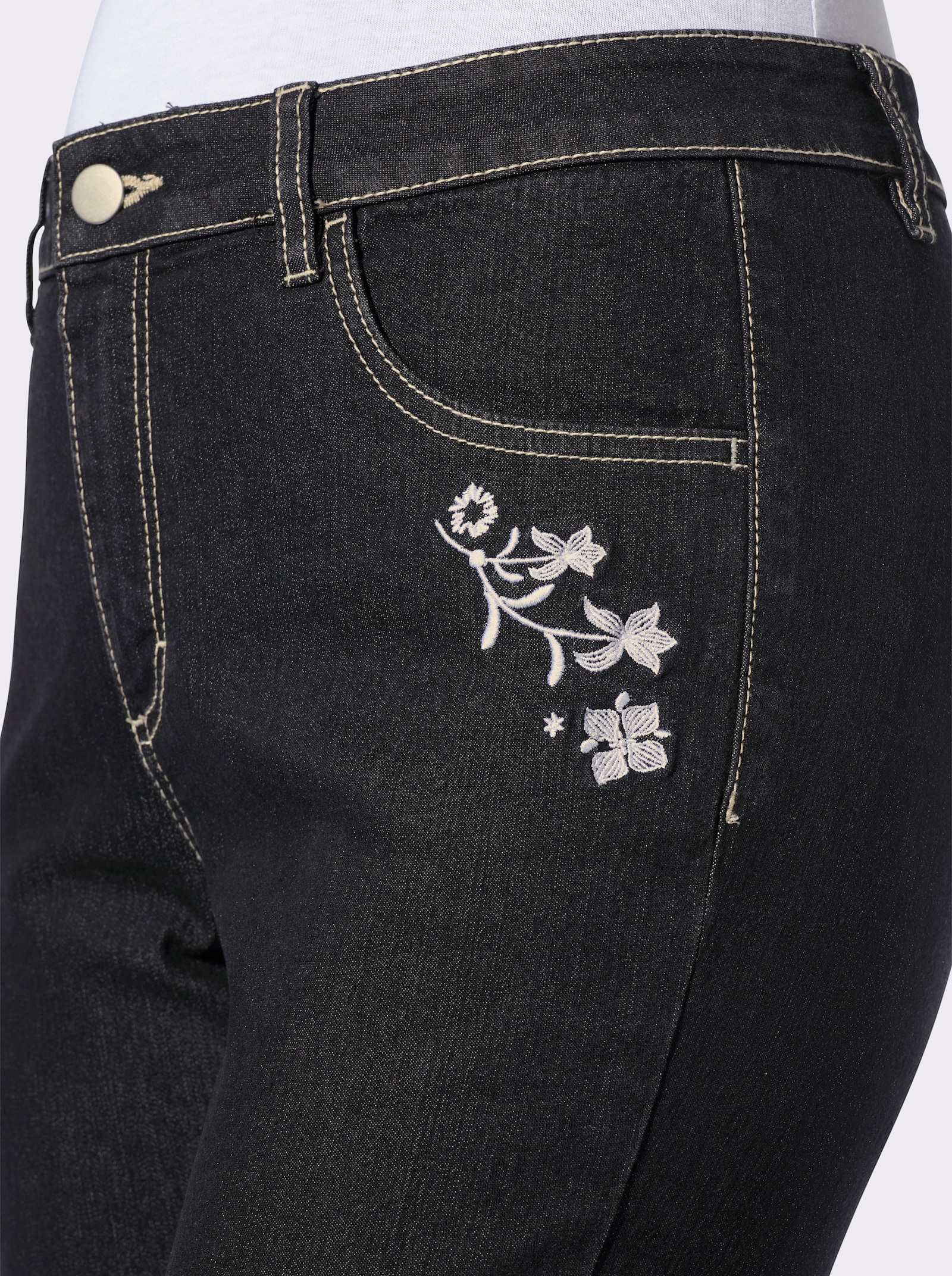 7/8-Jeans mit Blütenstickerei - black-denim