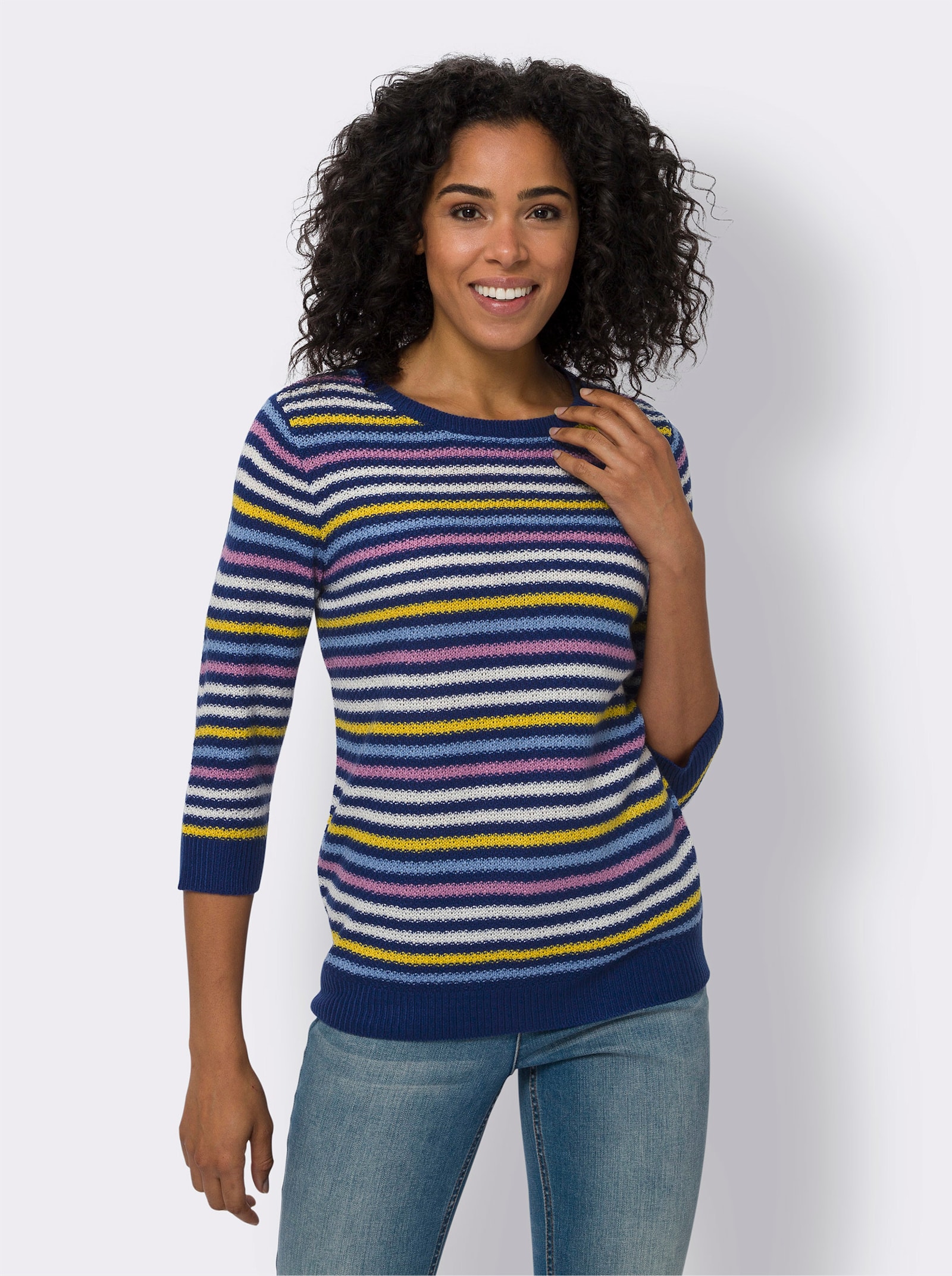 Streifenpullover mit Ajour-Elementen - royalblau-ecru-geringelt