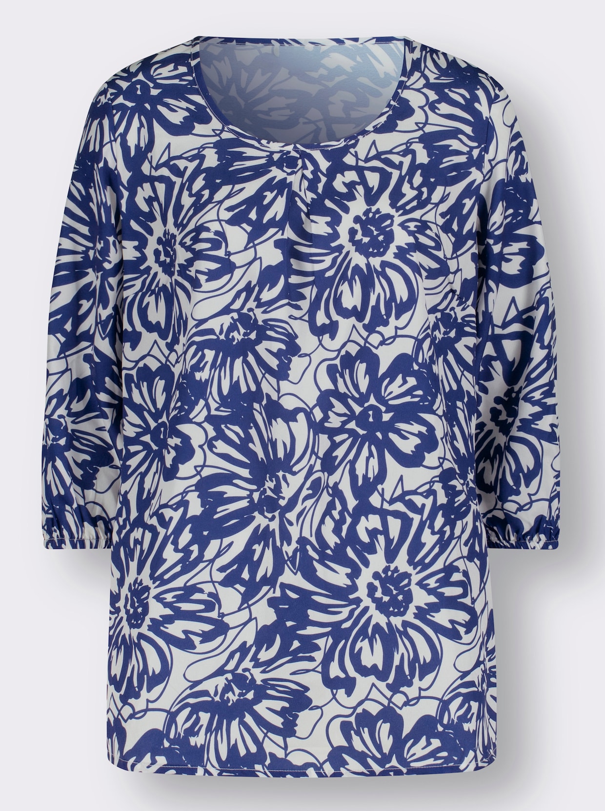 Comfortabele blouse - ecru/koningsblauw bedrukt