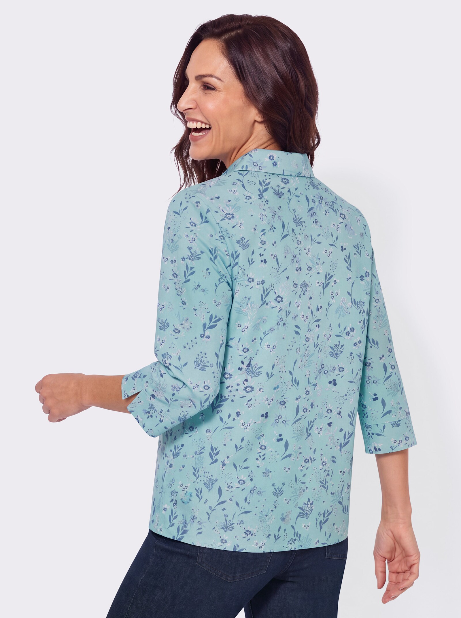 Druckbluse in Schlupfform - mint-jeansblau-bedruckt
