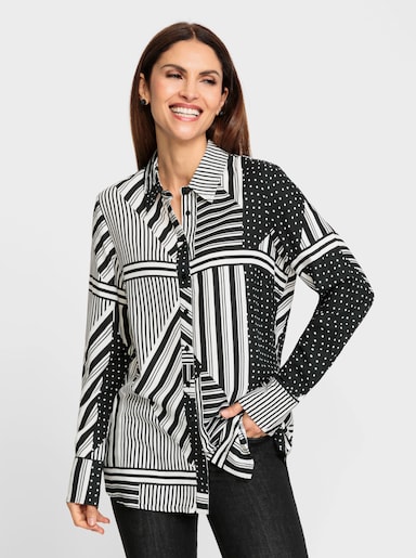 Langarm-Bluse aus reiner Viskose - weiß-schwarz-bedruckt