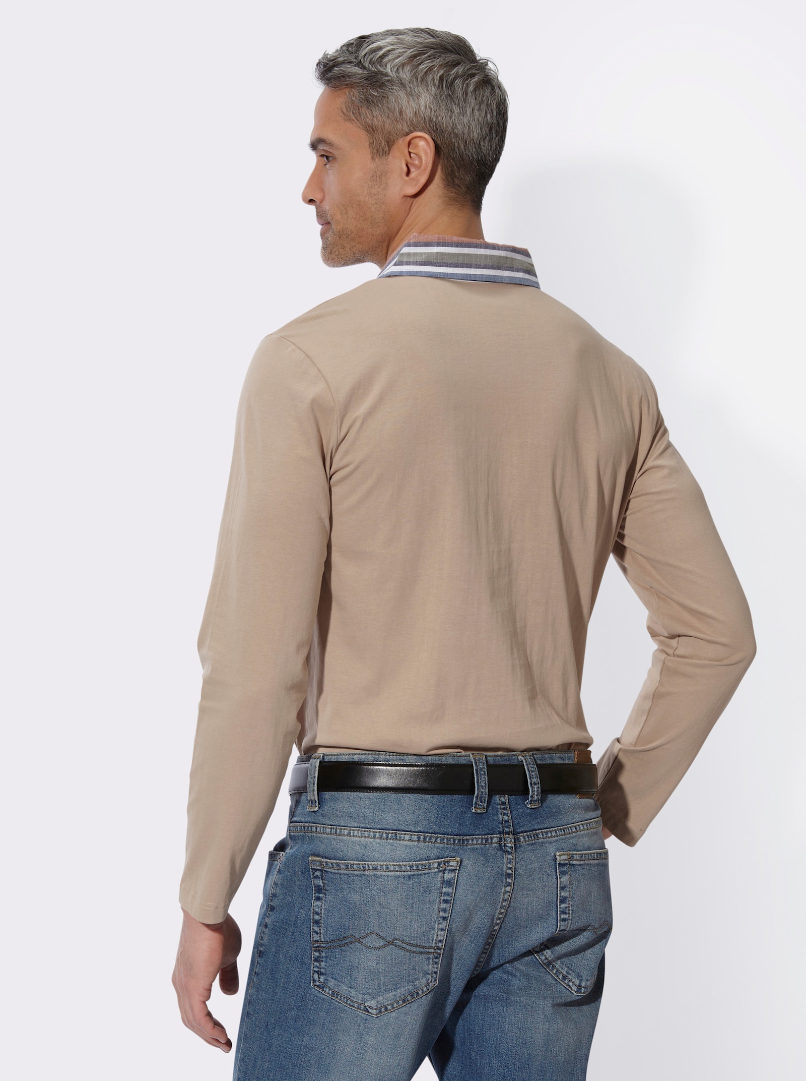 Langarm-Poloshirt mit gewebtem Kragen - beige