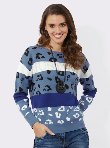 Pullover mit Glitzersteinchen-Schriftzug - mittelblau-royalblau-gemustert