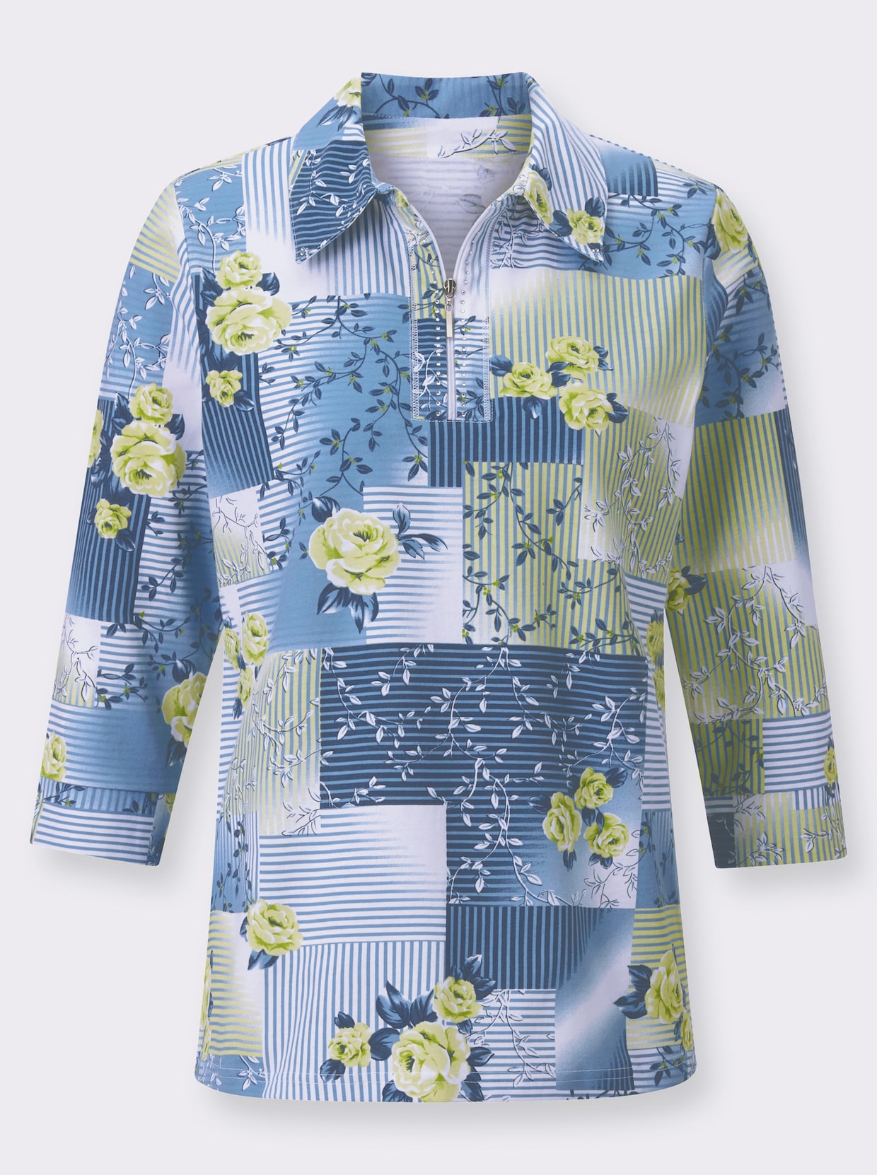 Shirt met 3/4-mouw - pistache/middenblauw bedrukt