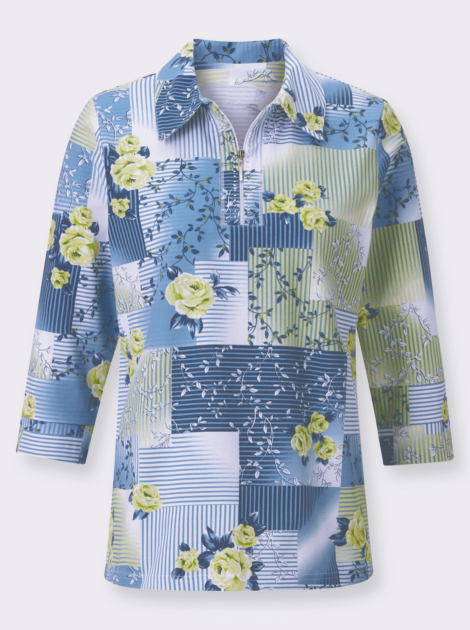 3/4-Arm-Shirt mit Glitzersteinchen - pistazie-mittelblau-bedruckt