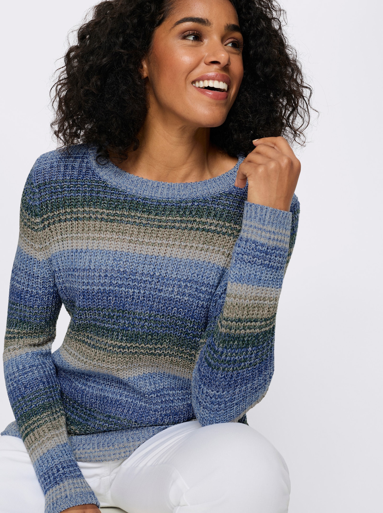 Langarm-Pullover in Ripp-Optik - royalblau-sesam-gemustert