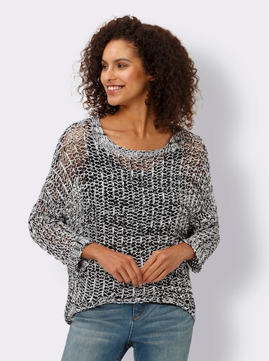 heine 2-in-1-Pullover im Ajour-Strick - schwarz-weiß-meliert