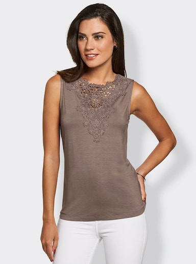 Shirttop mit Spitzen-Einsatz - taupe