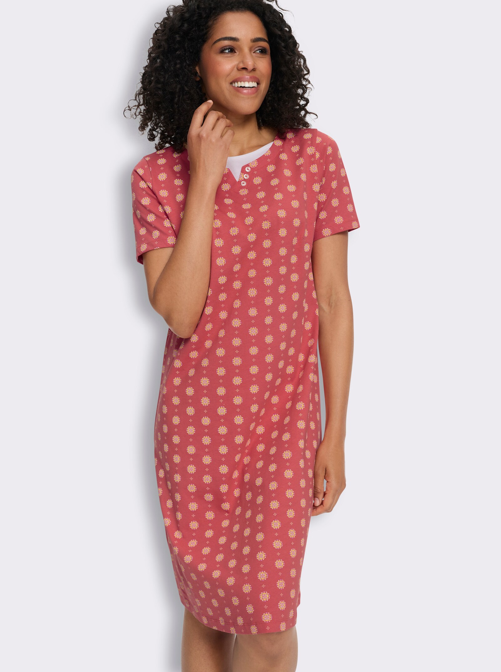 Jerseykleid mit einfarbigem Einsatz am Ausschnitt - grapefruit-magenta-bedruckt