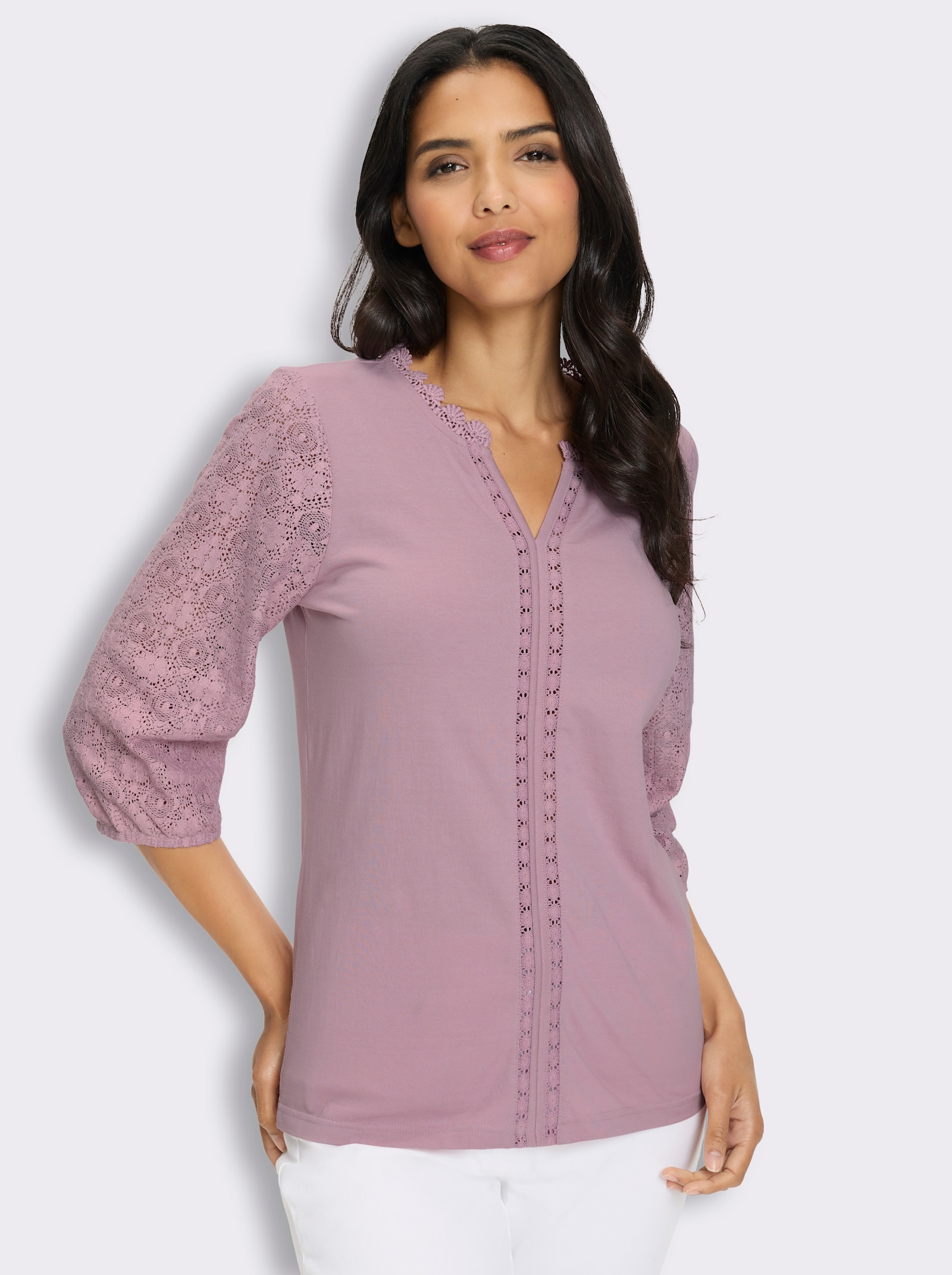 3/4-Arm-Shirt mit Spitzen-Ärmeln - mauve