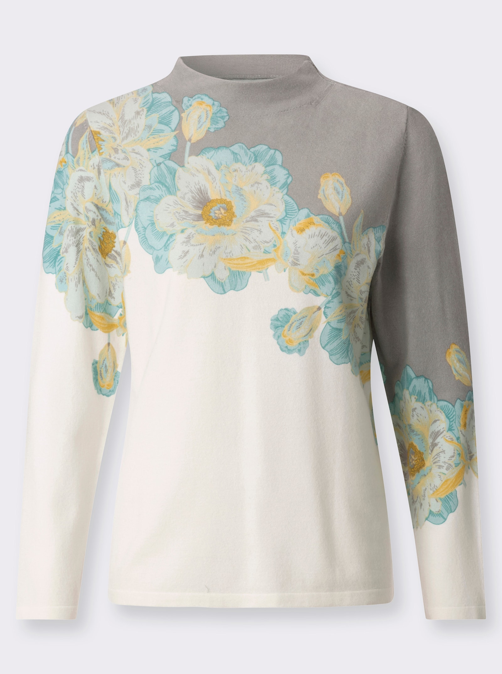 Langarm-Pullover mit Kelchkragen - ecru-salbei-bedruckt