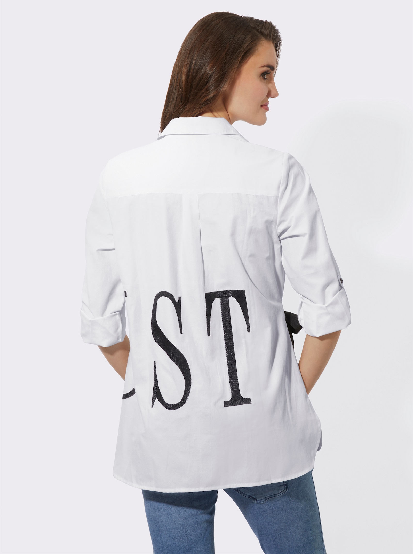 Longbluse mit Stickerei-Schriftzug - weiß-schwarz
